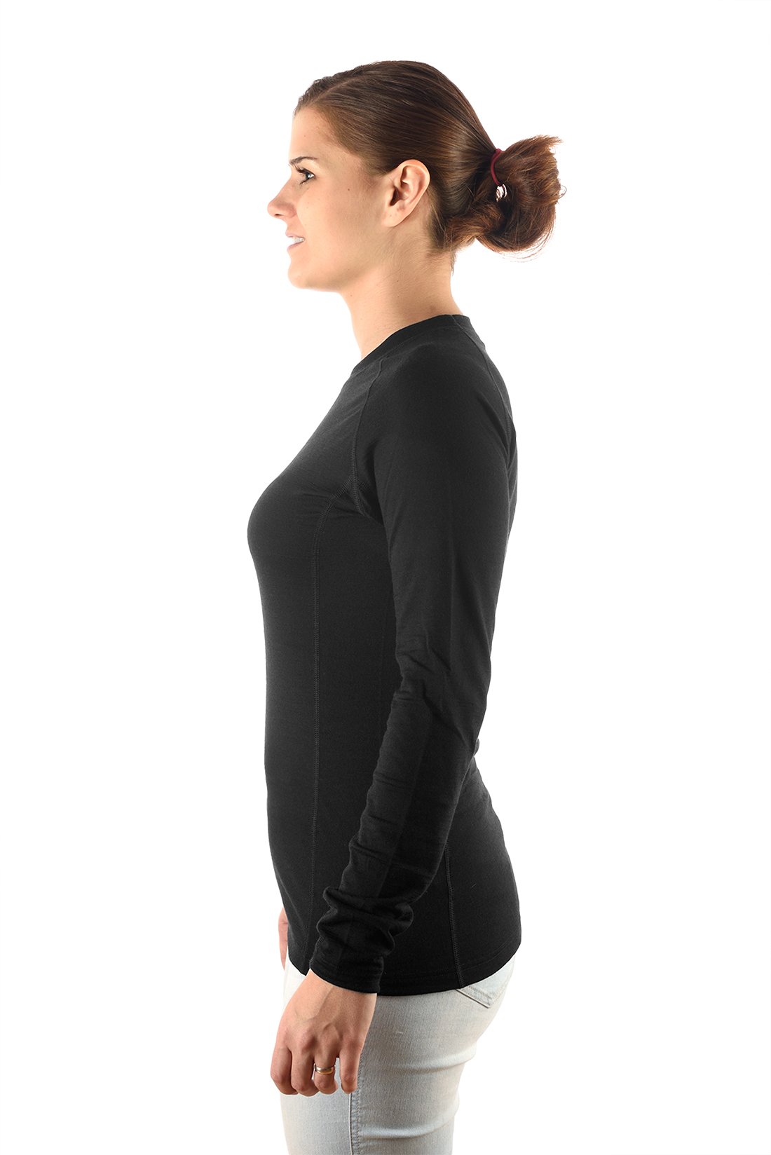 Damen T-Shirt 100% Feine Merino Wolle Langarm Funktionsshirt Skiunterwäsche Rundhals Schwarz