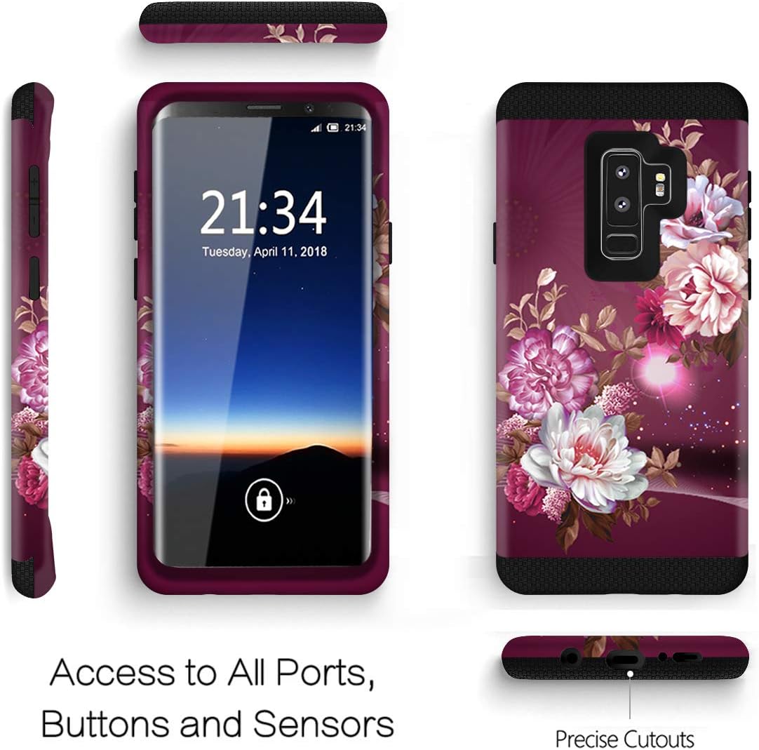 Hocase Galaxy S9 Plus Case w/Unique Floral Design, Sturdy 3-Piece Heavy Duty Shockproof Protection Hard Armor Cover Rubber Protective Case for Samsung Galaxy S9 Plus - Royal Purple/White Flowers