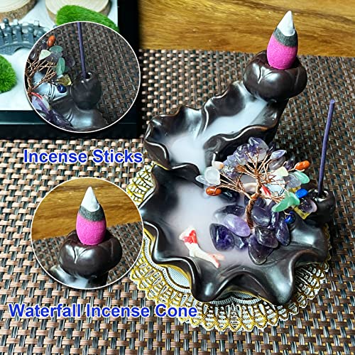 Zvaiuk Ceramic Waterfall Incense Burner, Crystal Backflow Incense Holder With Update 30 Backflow Incense Cones + 50 Incense Stick ，Mat，Tweezers, Aromatherapy Yoga Decor… (Black) #TOP4
