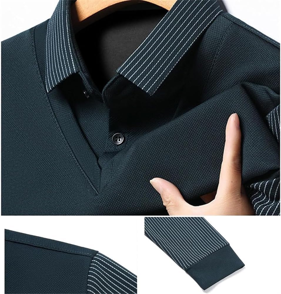 Men's Faux Two Piece Lapel Long-Sleeve Tops, Men's Striped Lapel Fake Two Piece Shirt, Casual Sweaters - Image 2