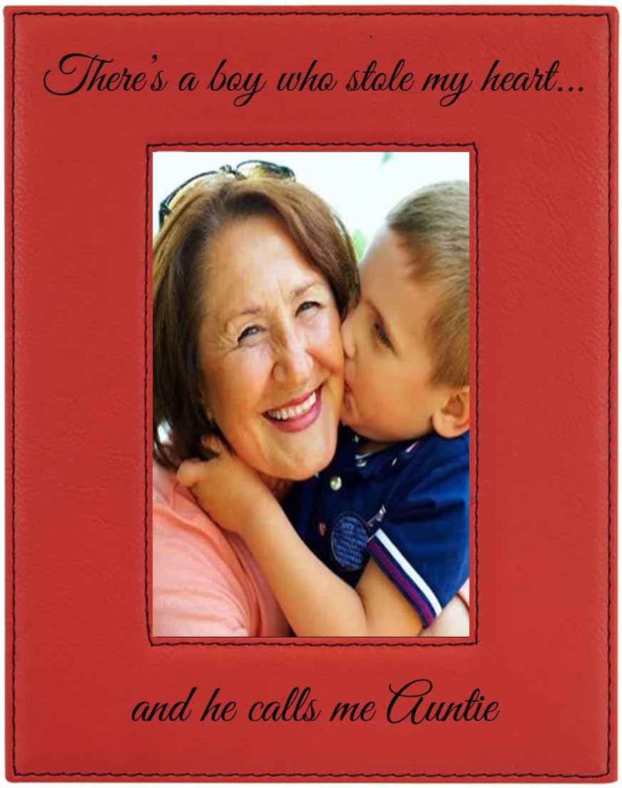 CustomGiftsNow There's a boy who Stole My Heart…and he Calls me Auntie Laser Engraved Faux Leather Red Leatherette Wall Hanging/Tabletop Picture Group Family New Grandchild Baby Photo Frame