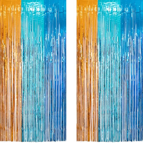 Image of Orange Blue Party Streamers Backdrop - GREATRIL Tinsel Fringe Curtain for Blue Dogs Themed Birthdays Decoration 2 Packs