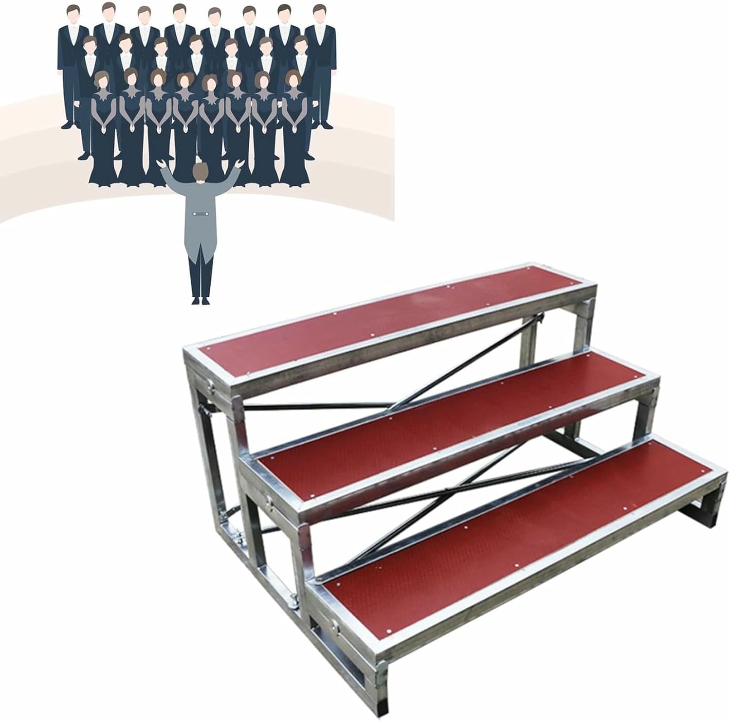 Anti-Slip Choral Risers Plywood & Galvanized Steel, Standing Choir Steps/Stage Treads Platform, Tiered Staircase Stool for Group Photo