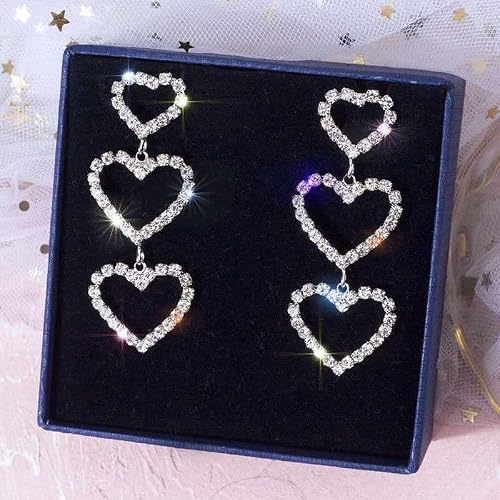 Rhinestone Heart Earrings Bling Crystal Coquette Sparkle Diamond Sparkly Cubic Zirconia Valentines Day Bridal Party Dangle Drop Earrings For Women Girls (Silver) #TOP1