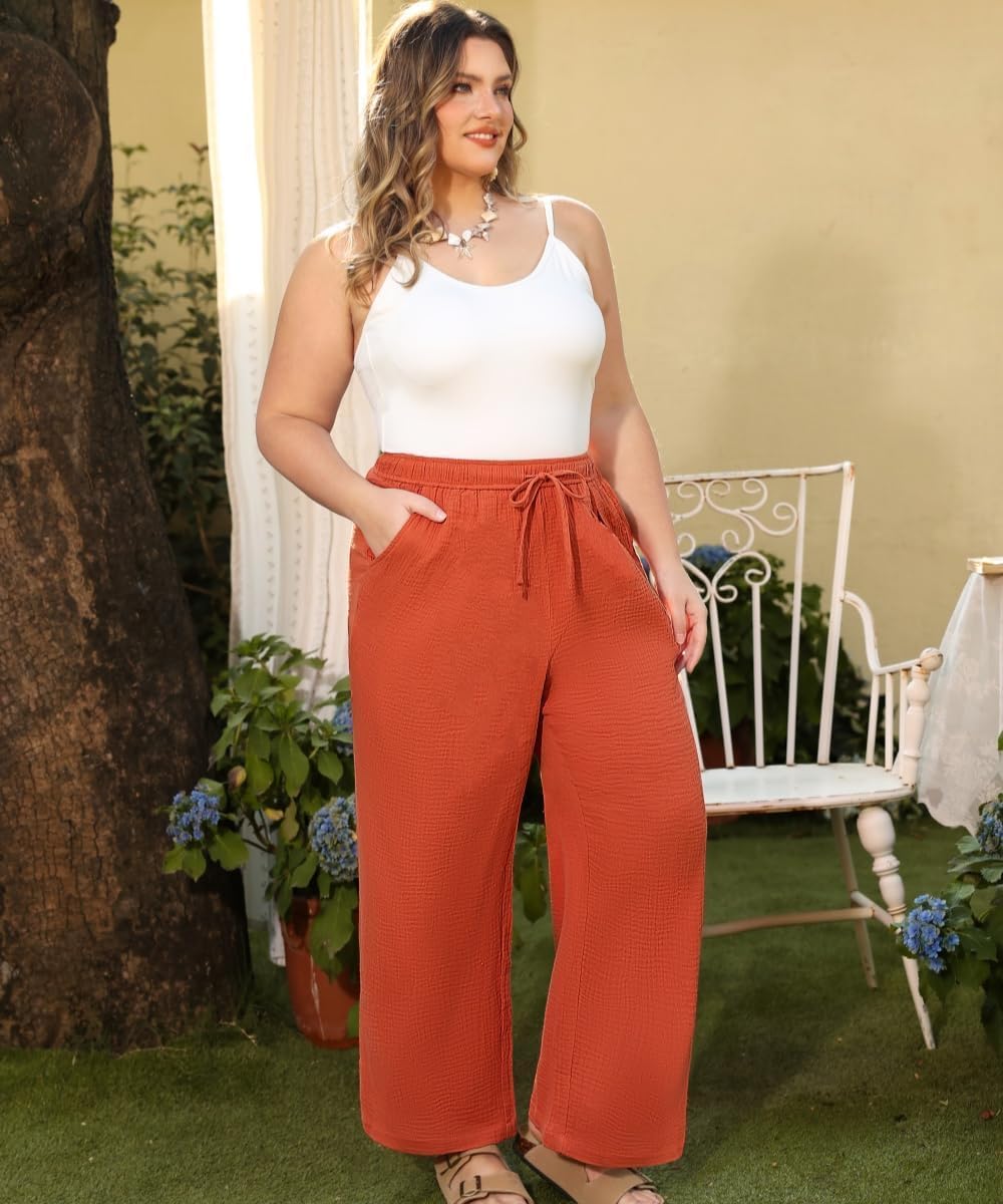 TIYOMI Plus Size Pants Womens Summer Palazzo Pants Drawstring Wide Leg Lounge Pant Casual Beach Trousers with Pockets XL-5XL - Image 3