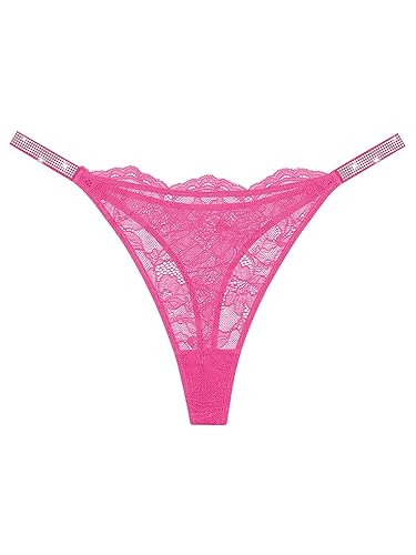 DHFBABY Sexy Thongs for Women Breathable Lace Underwear Rhinestones Strap G-String Stretch Panties Thong - Pink - X-Large