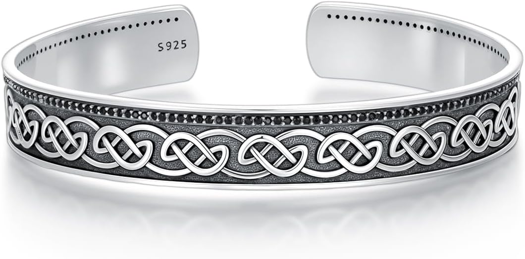 Celtic Knot Bangle 925 Sterling Silver 10MM Adjustable Black CZ Irish Celtic Knot Cuff Bangle Bracelet Jewelry for Men