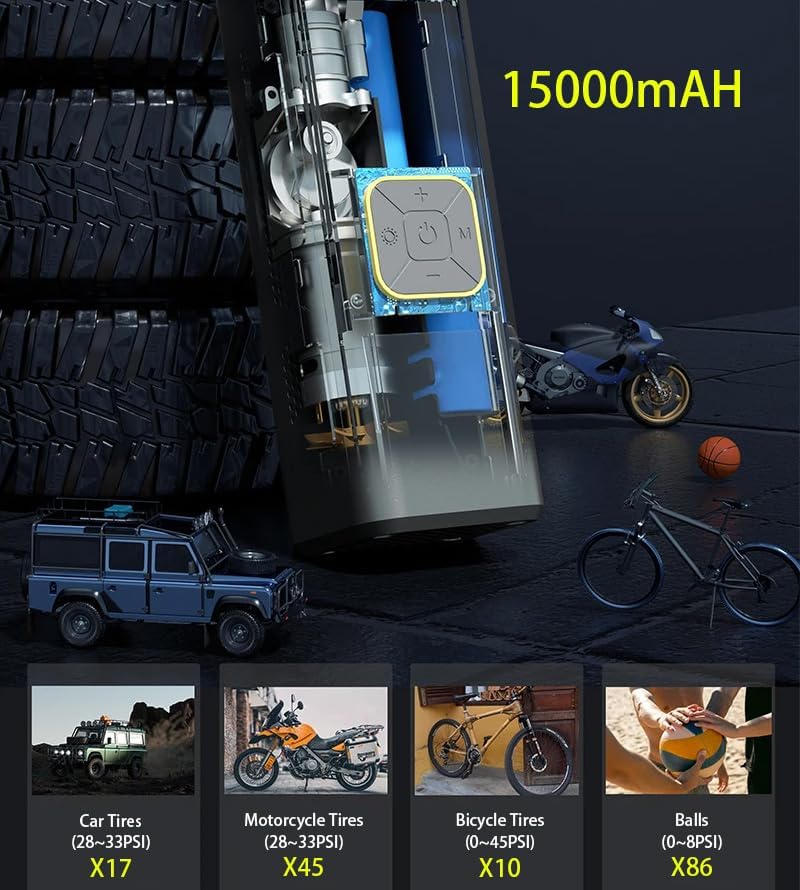 Miniatura 2 de Inflador de neumáticos, compresor de aire portátil para neumáticos, batería y 12 V CC de doble potencia, bomba de aire automática de 150 PSI para