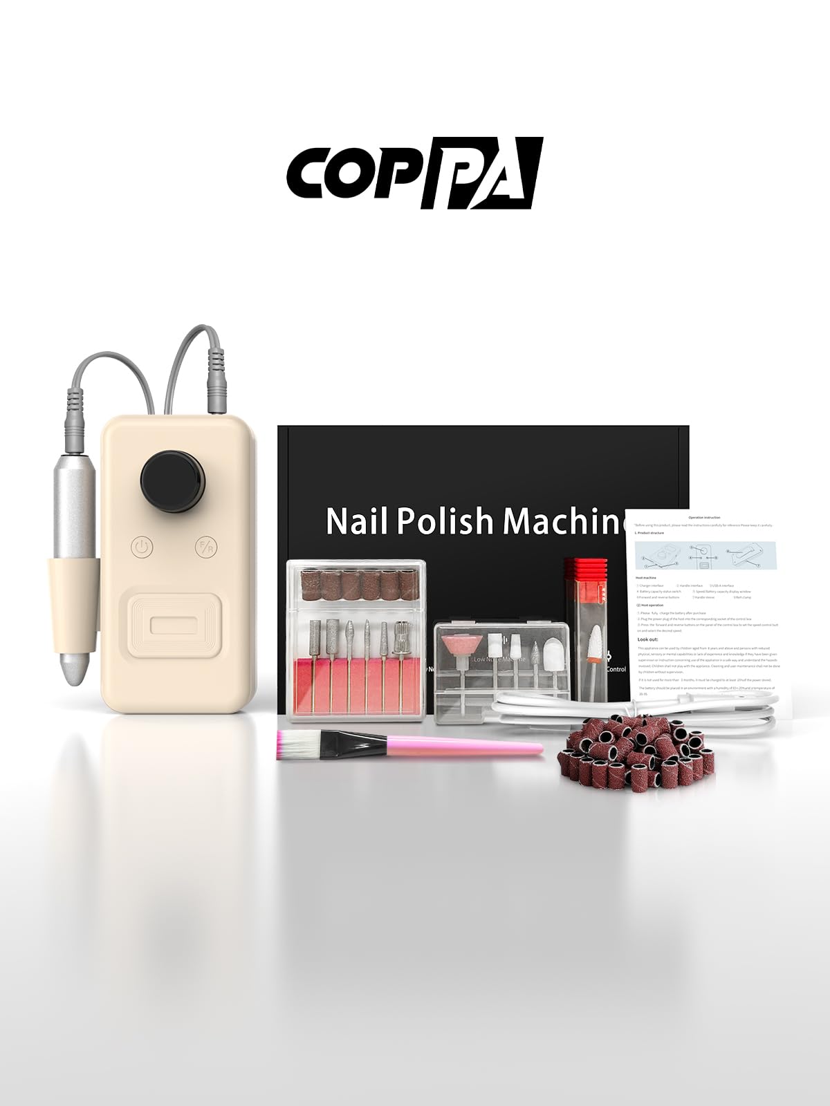 COPPA Torno para Uñas Profesional, NDK106 Lima Eléctrica Uñas con 12 Brocas 31 Bandas, 45000 RPM Velocidad Ajustable Nail Drill Kit para Pulido y Eliminación de gel de Uñas Acrílicas, Salón & Casa