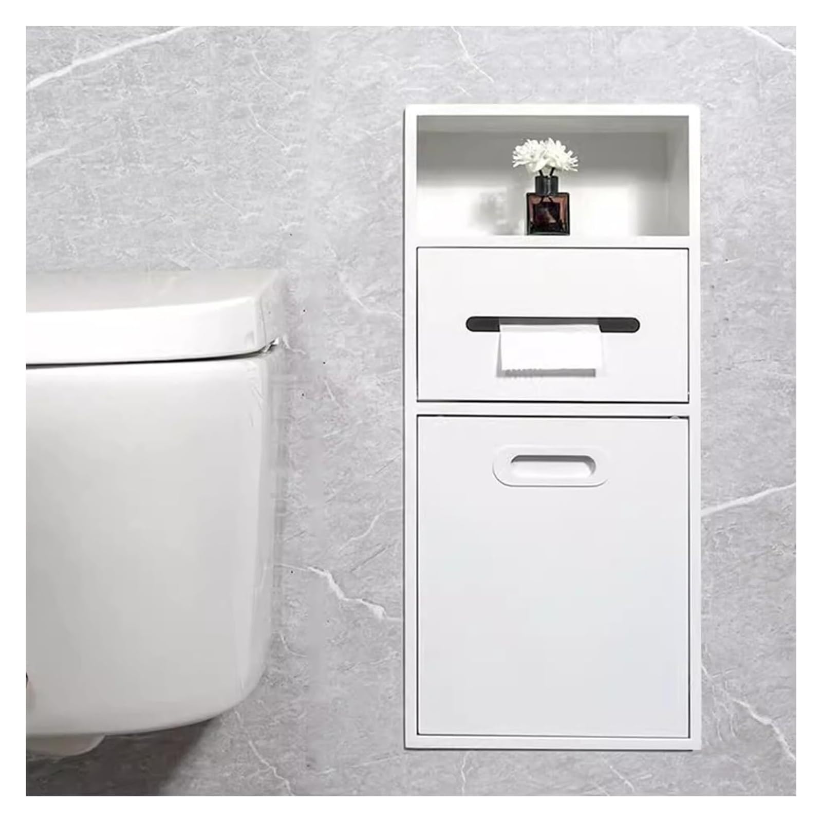 Flush-Mounted Toilet Paper Holder， Stainless Steel Niche With TP Holder And Trash Can(White,11.8x26x5.5in)
