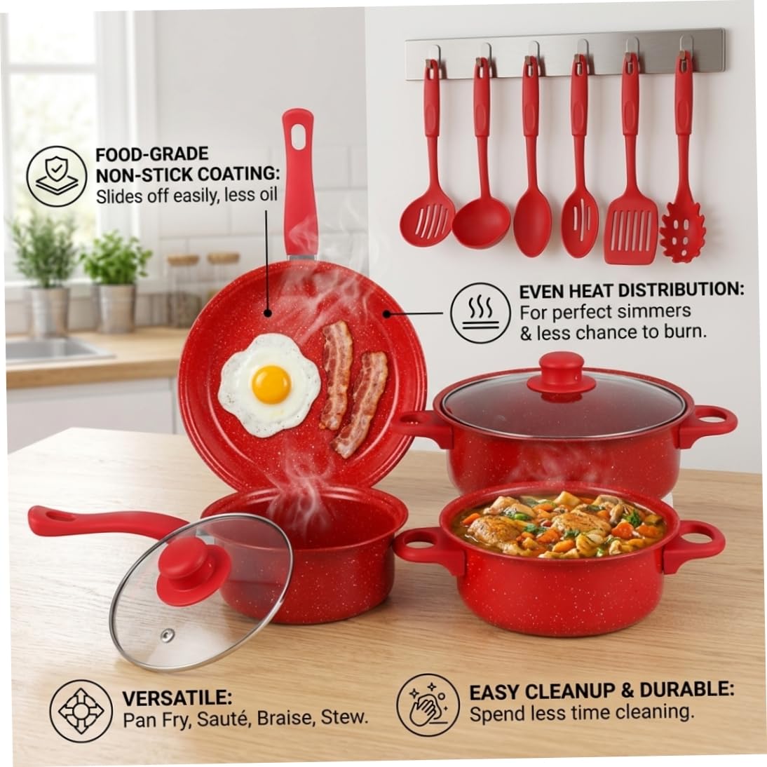 Set Di Pentole Antiaderenti, Set Di Pentole Antiaderenti Da 13 Pezzi, E Padelle Con Padella, Pentola Per Il Latte E Utensili Per La Cucina Casalinga, Rosso..