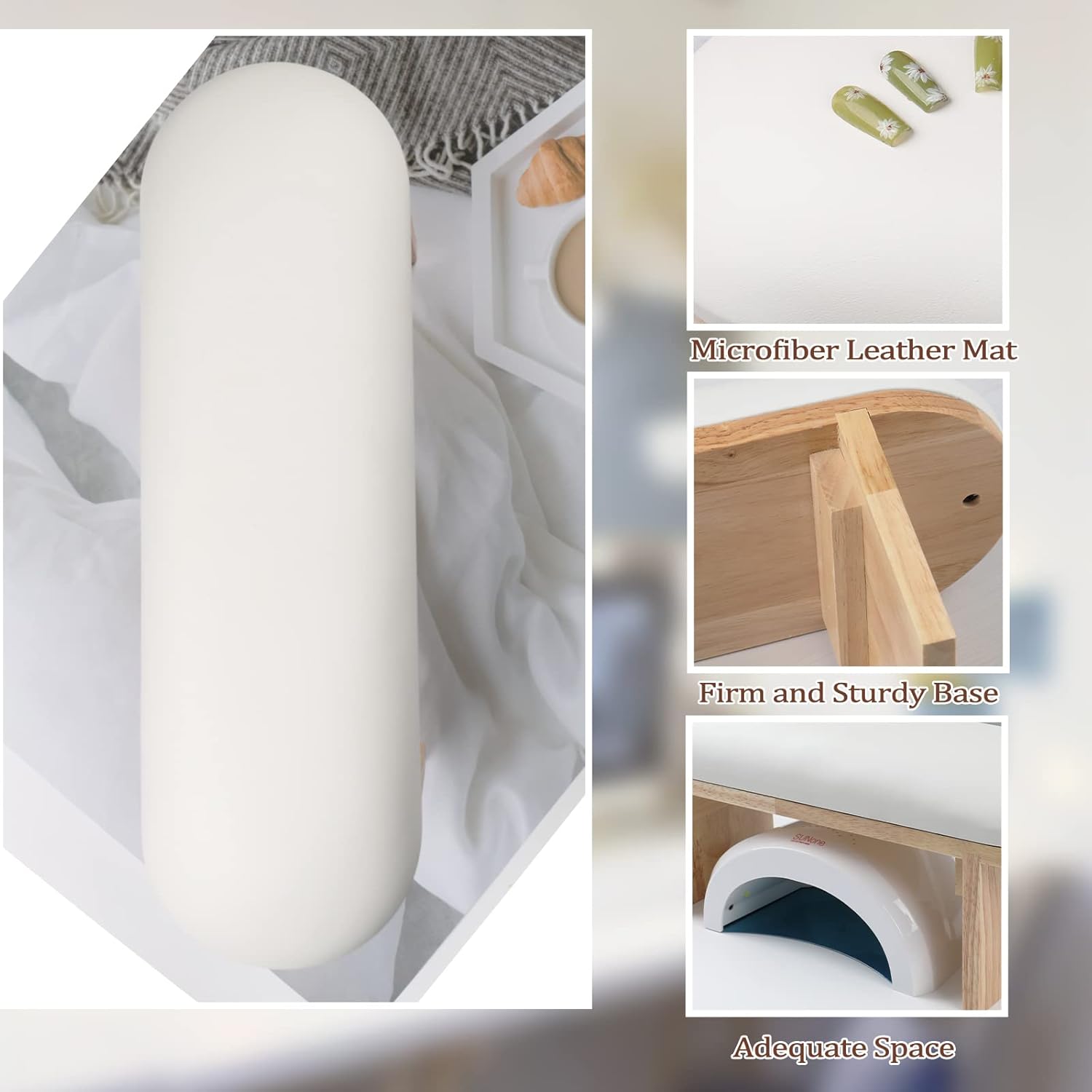 Arm Rest for Nails Professional Microfiber Leather Nail Arm Rest Cushion with Soft High-Density Sponge Solid Wood Table Non-Slip Manicure Hand Rest Stand Nail Supplies for Nail Techs (White)