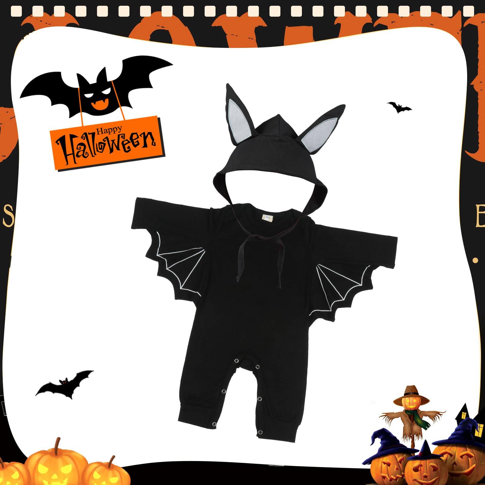 Lifreer Halloween Kleinkind Fledermaus Muster Strampler mit Hut Halloween Cosplay Kostüm Jumpsuits Outfits für Neugeborene Baby Jungen Mädchen (18-24 Monate)