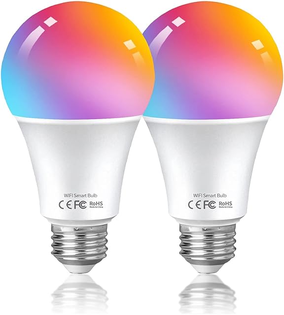 HUTAKUZE Alexa Smart Bulb WiFi Light Bulbs E27 Screw, 10W 1000LM, App or Voice Control, 90W Dimmable White and RGBCW Colour Changing Light Bulb, Works with Alexa, Google Home, No Hub Required, 2 Pack
