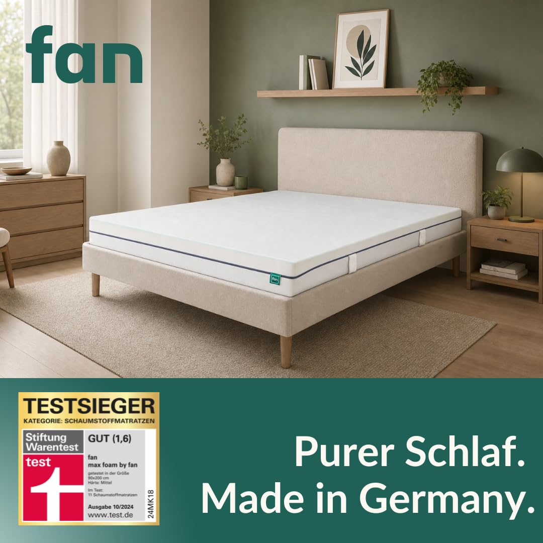 fan max Foam Komfortschaum Matratze TESTSIEGER Stiftung Warentest - 90 x 200 cm - mittel bis fest, Mehrzonen-Komfortschaumkern, Bezug waschbar bis 60 °C, Made in Germany, 10 Jahre Herstellergarantie