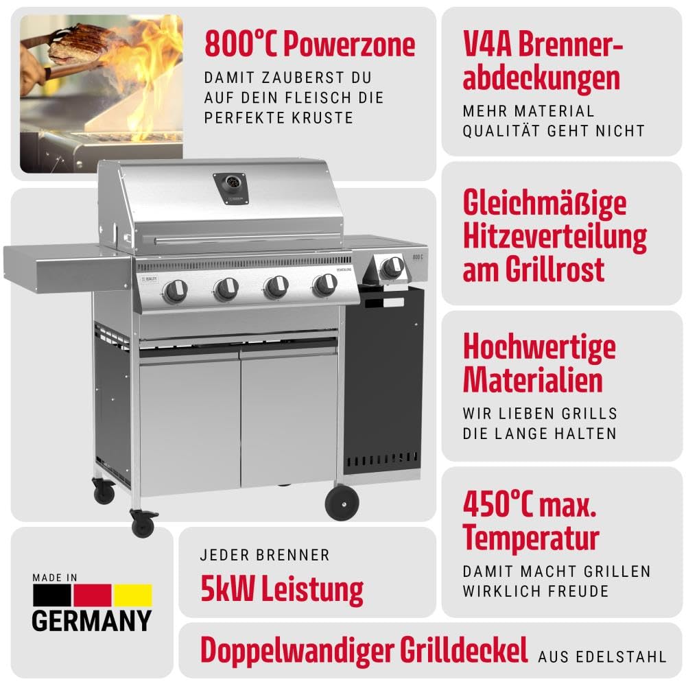 Schickling Gasgrill "Hermann XL - Deluxe" Edelstahlgrill Grillwagen mit Unterschrank, doppelwandigem Deckel, 4x 5kW Brenner, 800 Grad Seitenbrenner & 4-teiligen Grillrost - Made in Germany