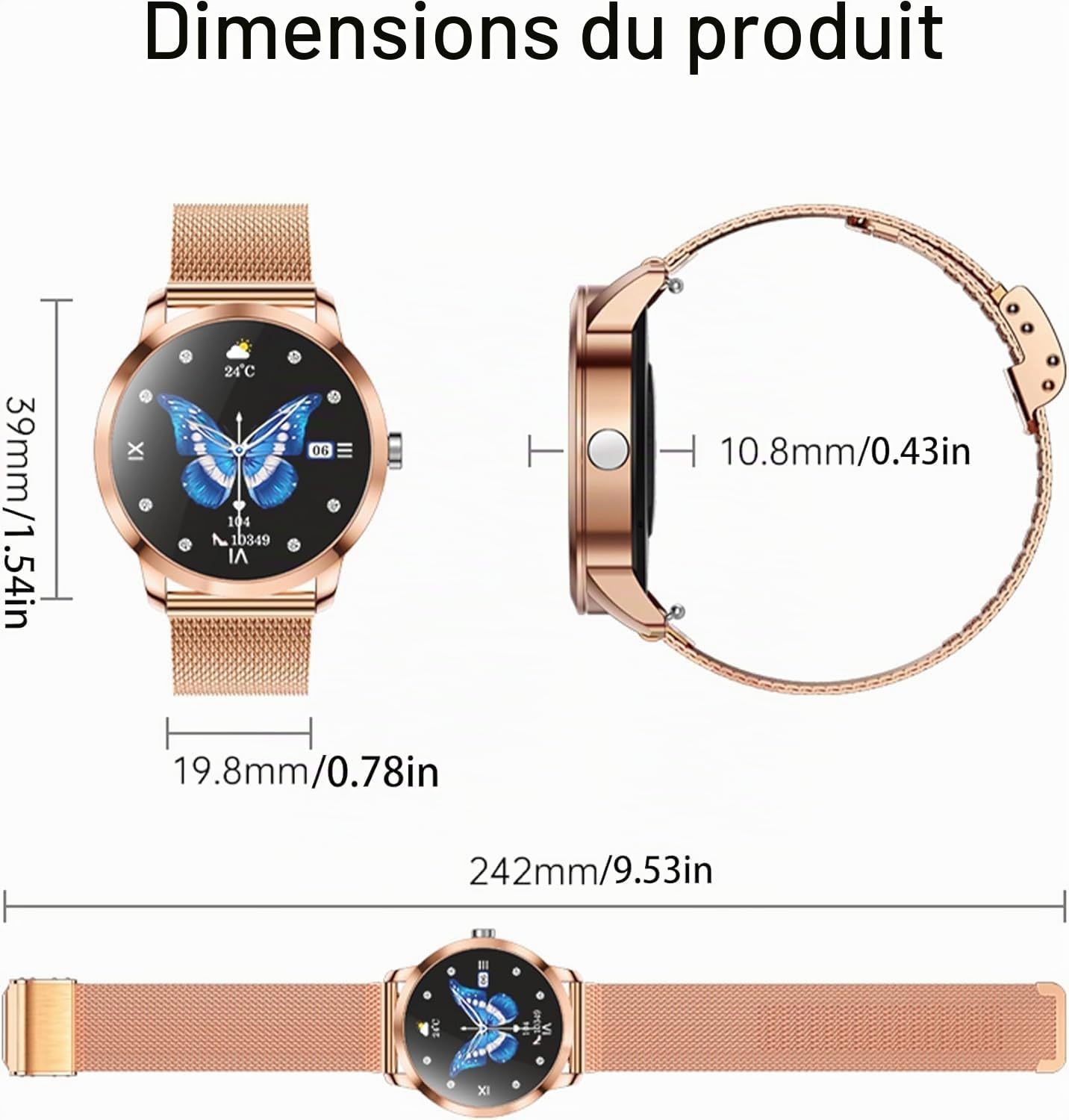 Montre intelligente pour femme, écran AMOLED de 1,32 pouces avec fonction téléphone, tracker de fitness, 123 modes sportifs, moniteur d'activité avec tension artérielle, moniteur de sommeil, podmètre