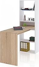 duehome | Escritorio Juvenil con Estanteria Reversible, Mesa de Ordenador, Modelo Cosmic, Acabado en Blanco Artik y Roble Canadian, Medidas: 120 cm (Largo) x 53 cm (Ancho) x 144 cm (Alto)