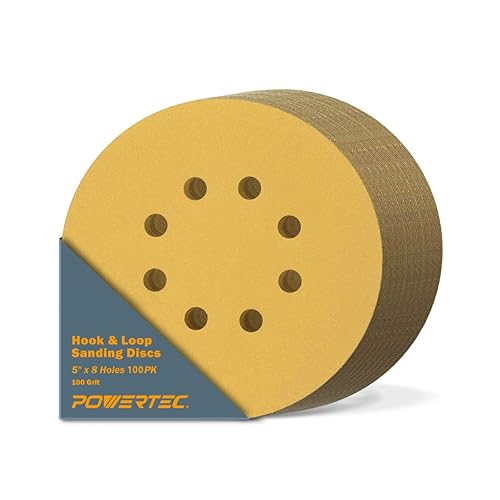 POWERTEC 44010G-50-P2 Discos de lijado de gancho y bucle de 5 pulgadas, grano 100, 100 unidades, papel de lija para lijadoras orbitales Ramdom,