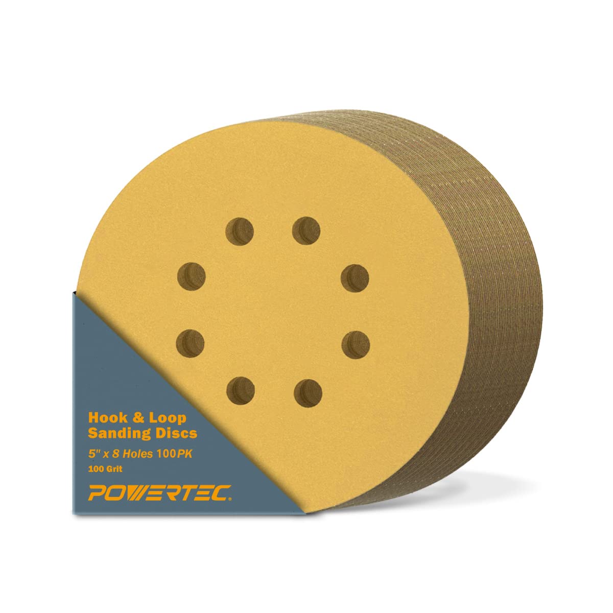 POWERTEC 44010G-50-P2 Dischi abrasivi a 8 fori da 5 pollici, grana 100, 100 pezzi, carta vetrata per levigatrici orbitali Ramdom, levigatrice pneumatica, carrozzeria