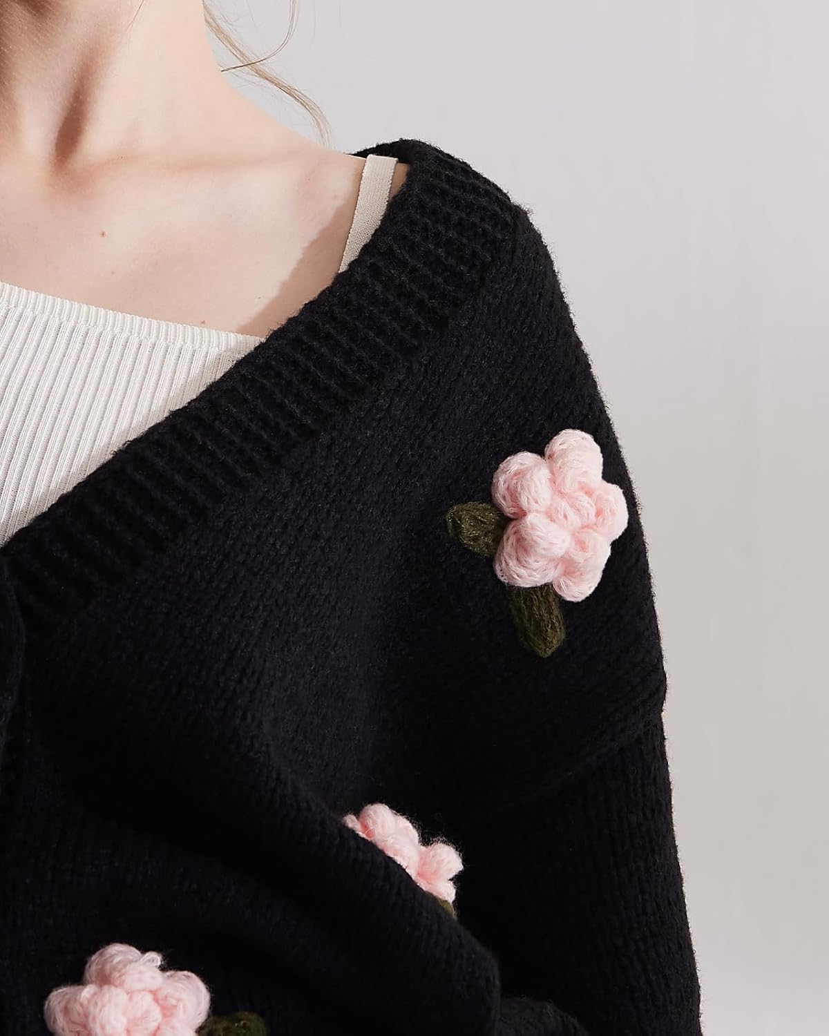 Cardigan Sweater for Women, Long Sleeve V-Neck Button Knit Flower Outfit - Image 2