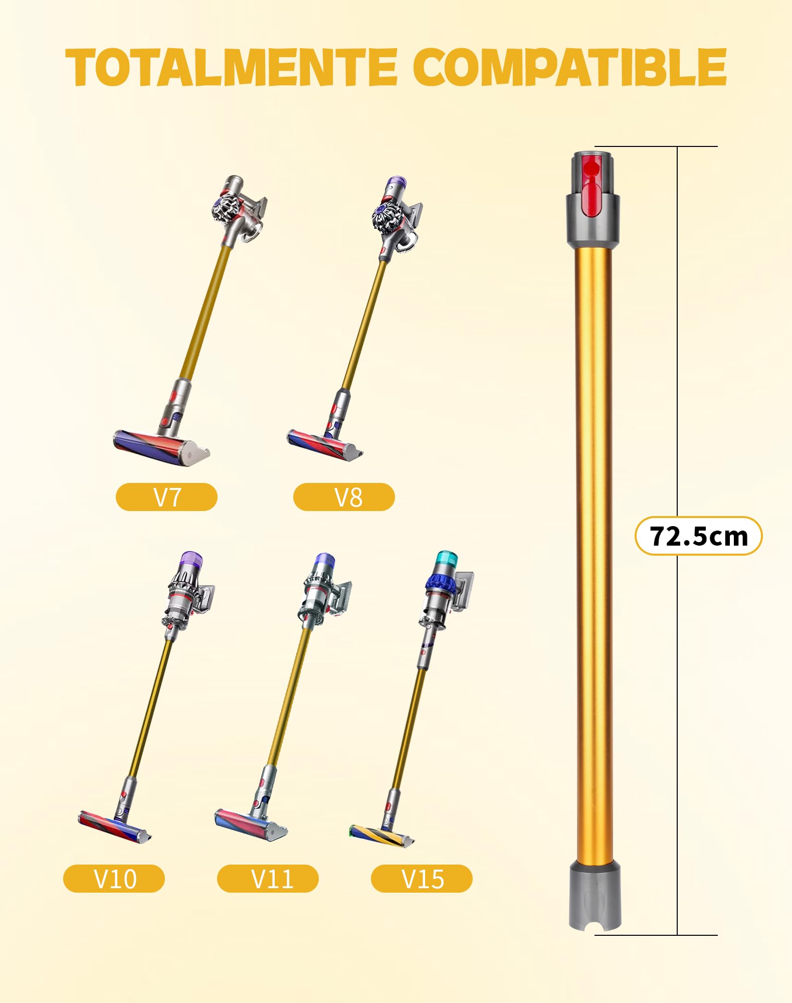 Tubo de Extensión de 72.5 cm para Aspiradora Dyson - Longitud Exacta para Mayor Alcance - Compatible con V7 V8 V10 V11 V15 - Conector de Liberación Rápida y Tubo Rígido - Amarillo