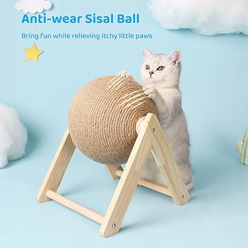 Miniatura 2 de BATTIPAW Rascador de gato, bola rascador de conejo, rascador de sisal natural, bola giratoria para gatos, juguete rascador de madera maciza para