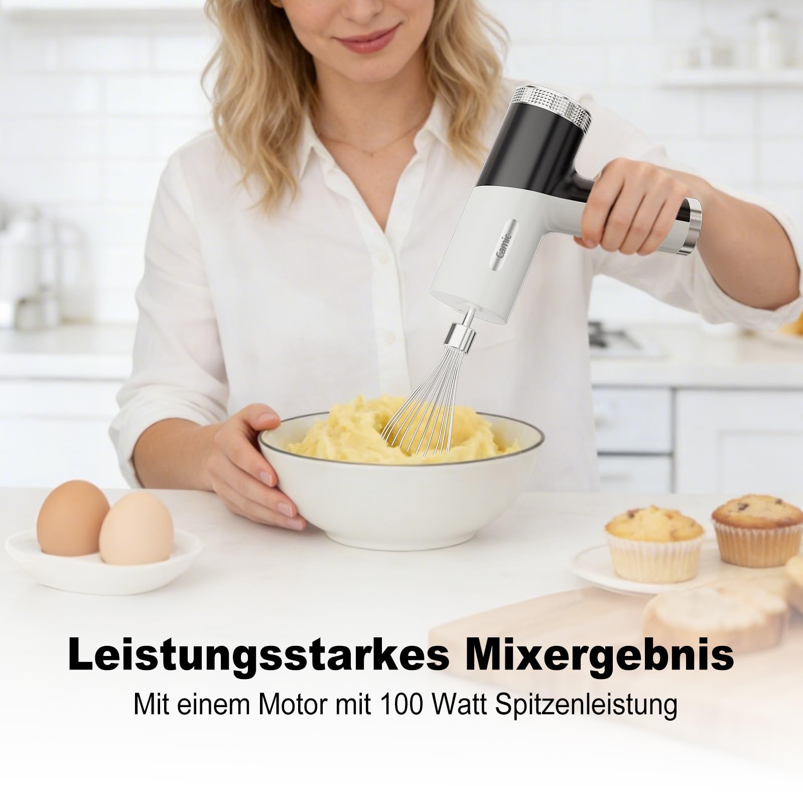 Camic Handmixer mit 9 Geschwindigkeitsstufen, Kabelloser Elektrisch- Handrührgerät mit Schneebesen, Knethaken und Rührstab zum Schlagen von Eiern, Sahne und Marmelade sowie zum Mixen