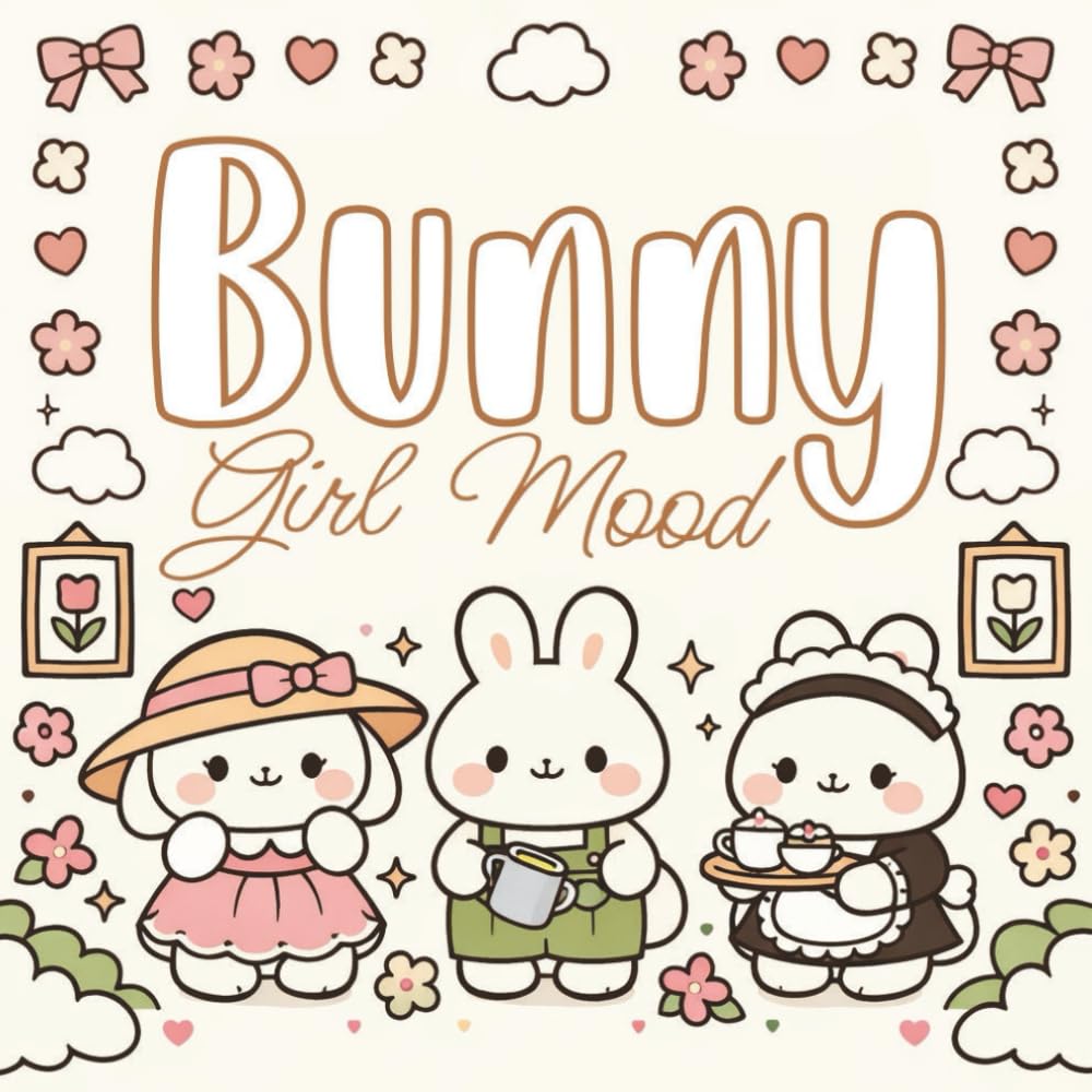 Bunny Girl Mood: Cute cozy coloring book cover illustration for adult women, bold thick black outlines, simple large shapes, kawaii cozy aesthetic