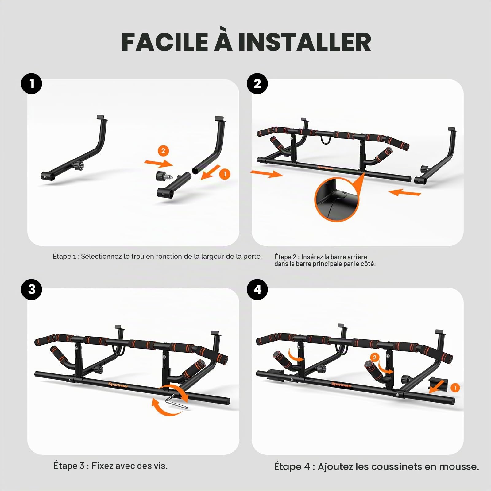 Barre de traction pour cadre de porte Sportneer avec poignée pliable - Barre de traction multi-poignées pour cadre de porte, capacité de charge 200 kg