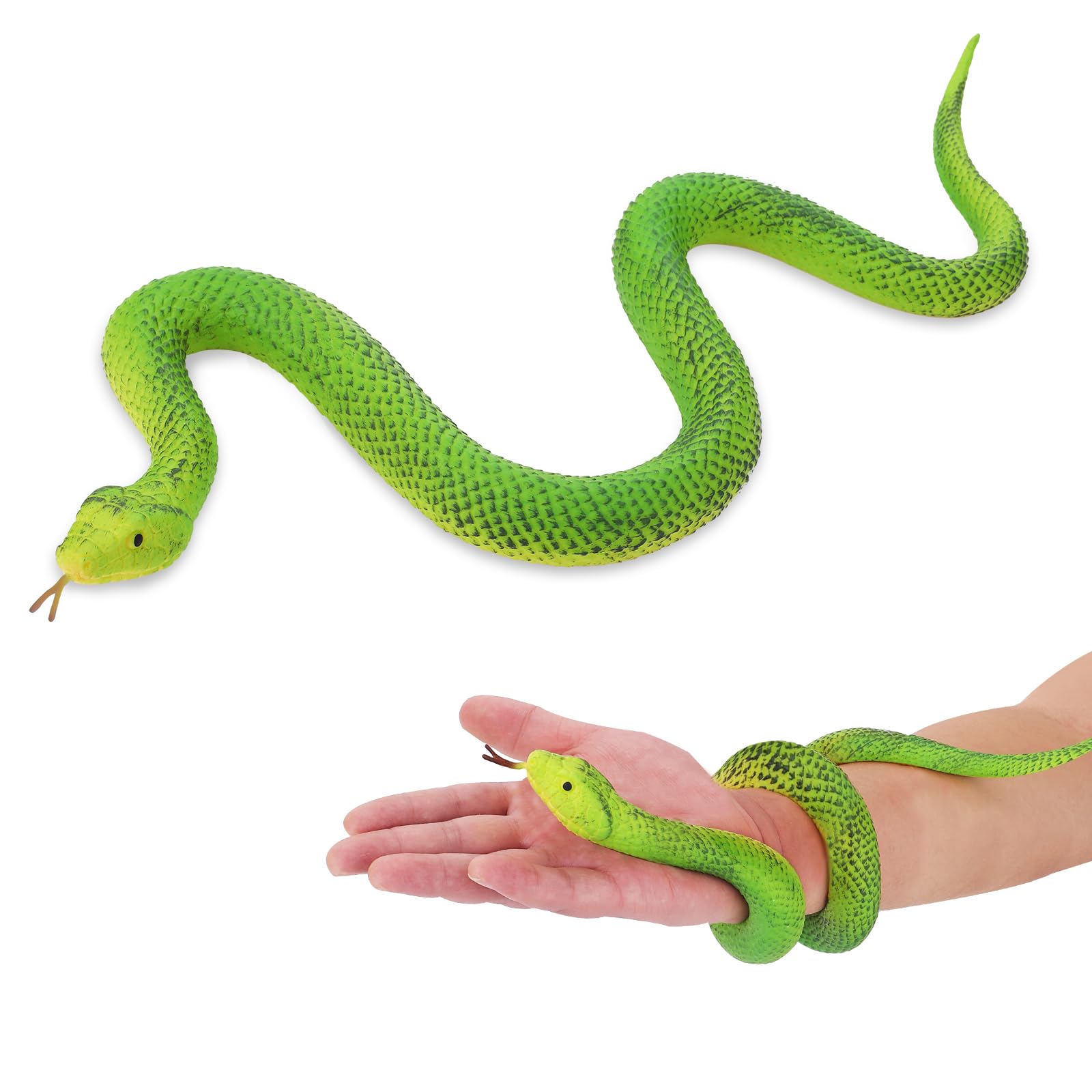 Amaxiu Rubber Elastic Snake Figures, Rubber Realistic Reptile Animal Figurine Fake Snakes Toy Rubber Snake Props Snake Figure to Keep Birds Away Snakes Python Model Garden Props (Green)