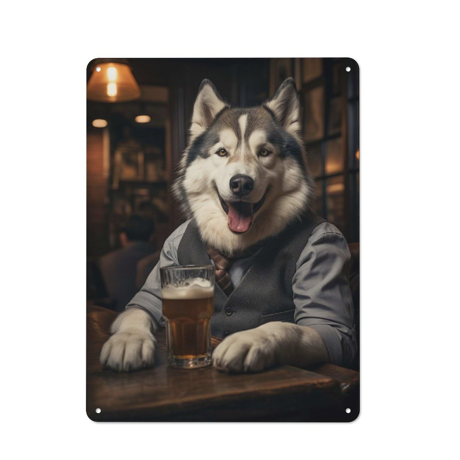 Junmoney Husky Dog In The Pub Vintage Tin Sign 40X30cm With For Kitchen Or Home Bar, For Retro Home Interiors, For Cafés, Pubs And Restaurants