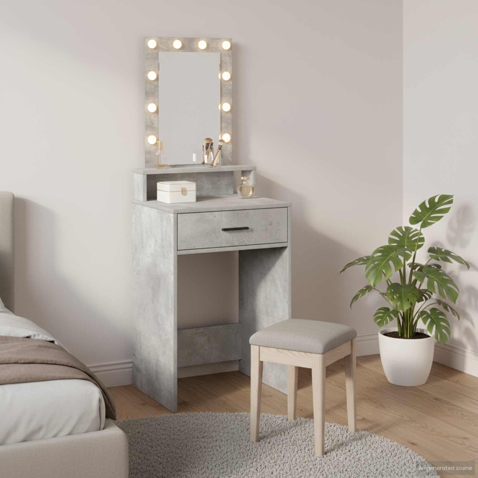 Tocador con cajón gris de madera 50 x 41 x 140 cm con espejo iluminado, puerto USB, espacio de almacenamiento y estante para dormitorio, vestidor, habitación de niña