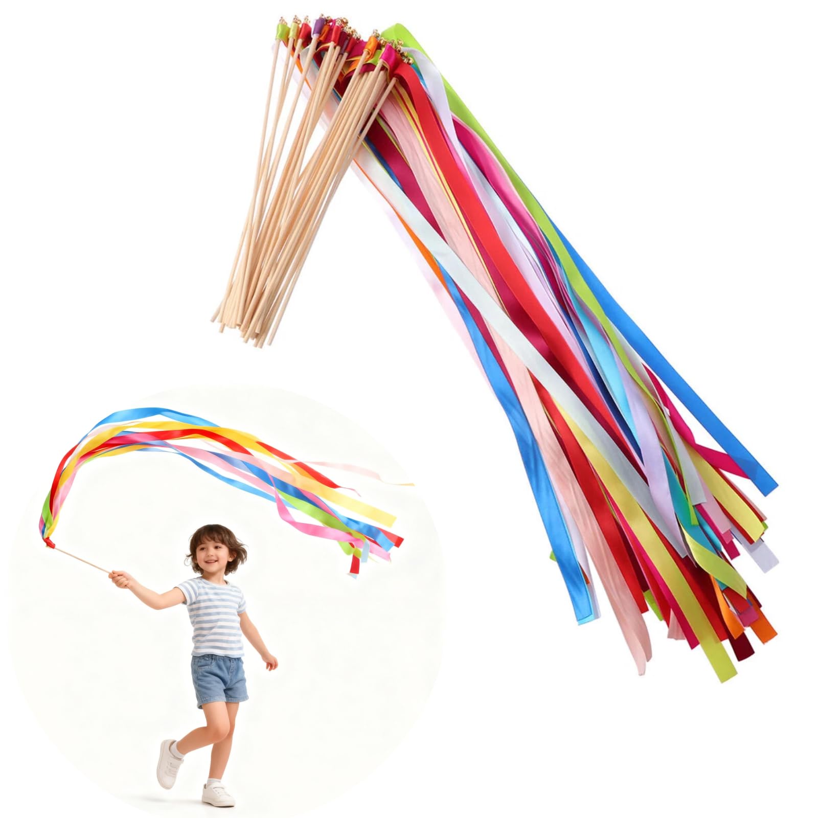 20Pcs Mix Color Ribbon Dancer Wands Sticks with Bells Fairy Stick Wedding Streamers Wish Wands for Wedding Party