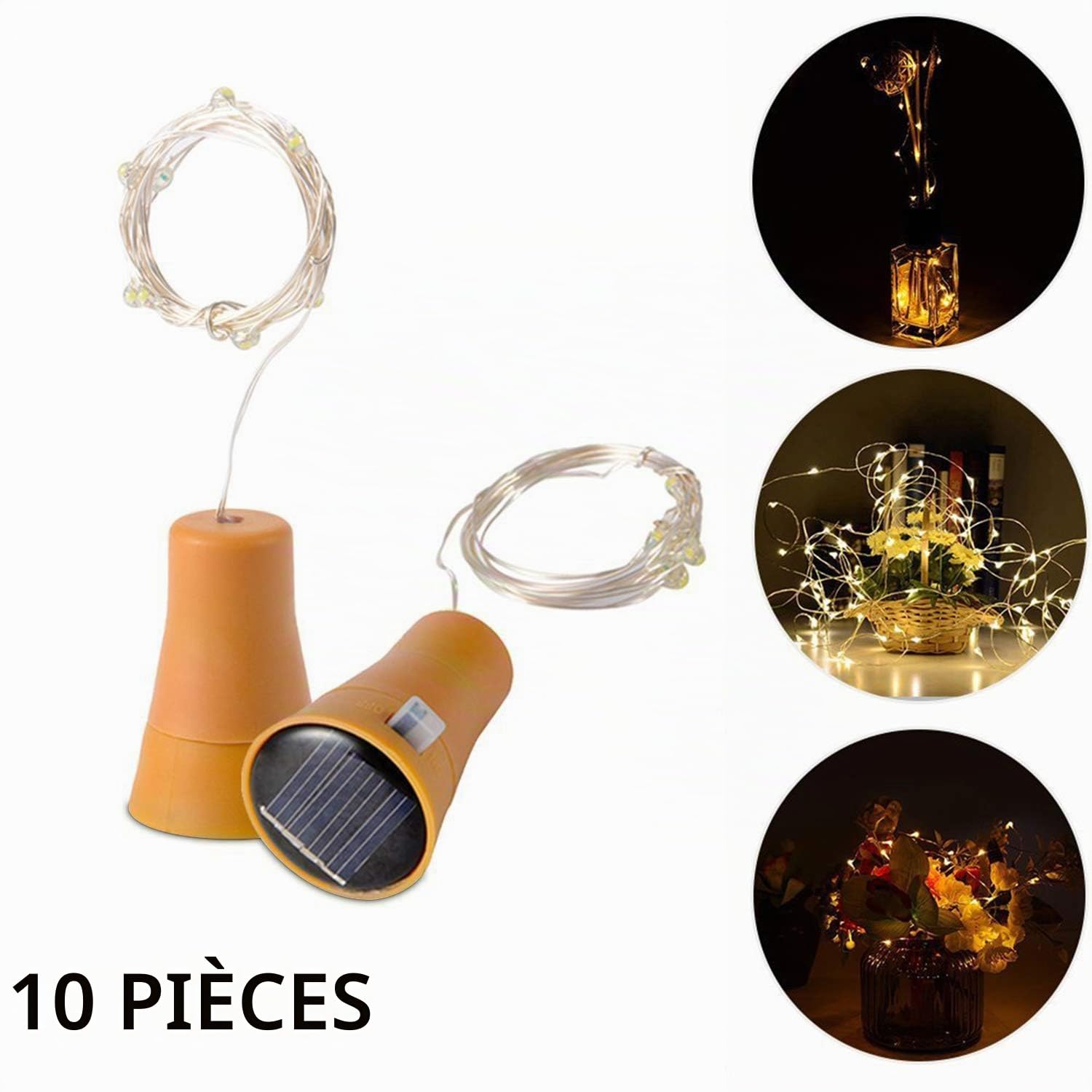 Lot de 10 Guirlandes Lumineuses LED Solaire Bouchon de la Bouteille 1m 10 LEDs Fil de Cuivre Lumière Décorative pour DIY Bouteille Bar Chambre Mariage Noël Halloween Fête - Blanc Chaud