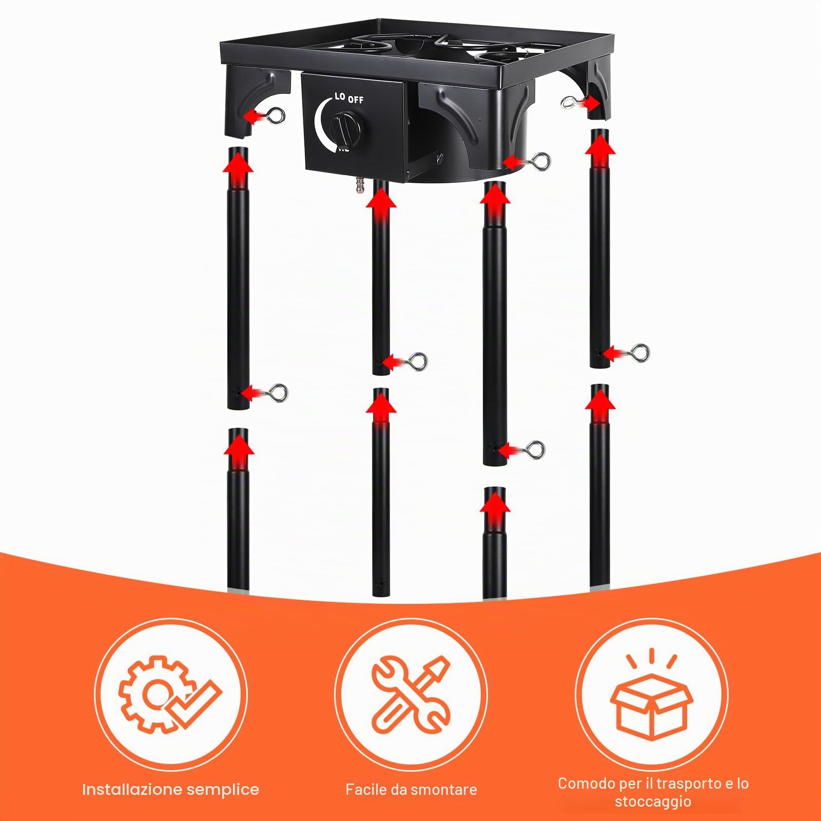 CPROSP Fornello a Gas da Esterno in Ghisa 10kw, 40×40×76cm, 4 Piedi Bruciatore a Gas con Tubo da 1,5 m Riduttore Pressione da 50 bar, Fornello per Pomodori per Escursionismo Picnic campeggio