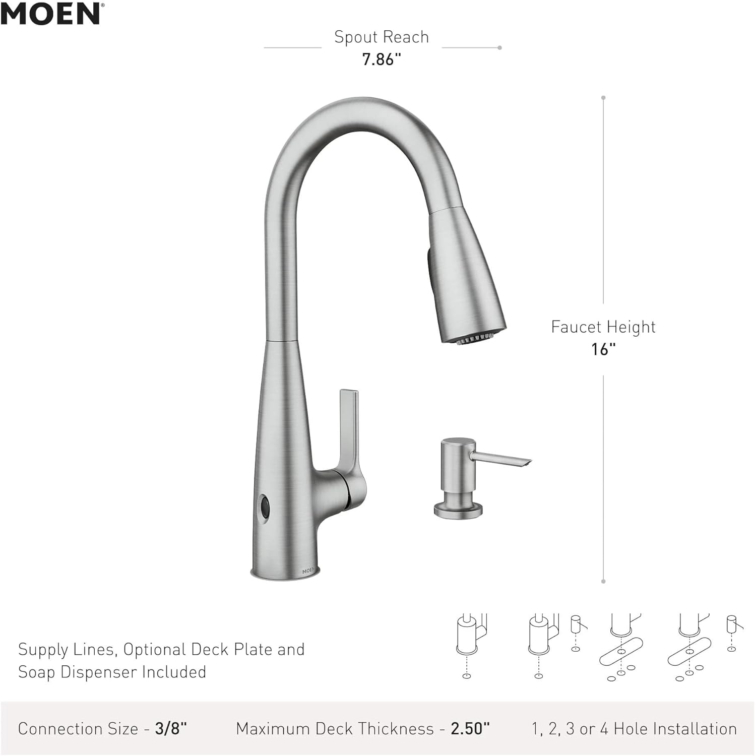 Moen Haelyn Spot Resist Stainless Touchless Single-Handle Pulldown Sprayer Kitchen Faucet with Soap Dispenser, Features Power Clean for a Faster Wash, 87627EWSRS