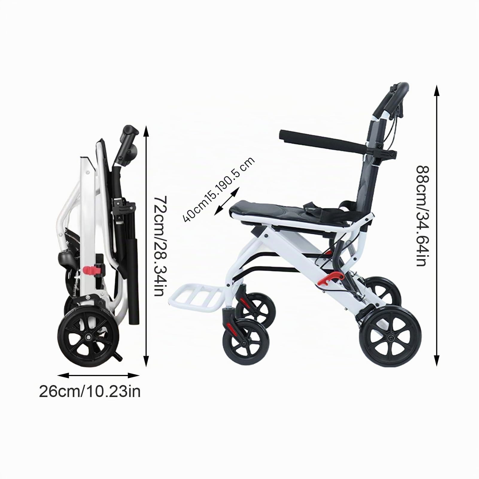 Sedia a rotelle pieghevole, sedia da viaggio portatile per adulti, sedia a rotelle leggera da trasporto con cinghia di sicurezza regolabile, telaio in alluminio, ruote in PU, design