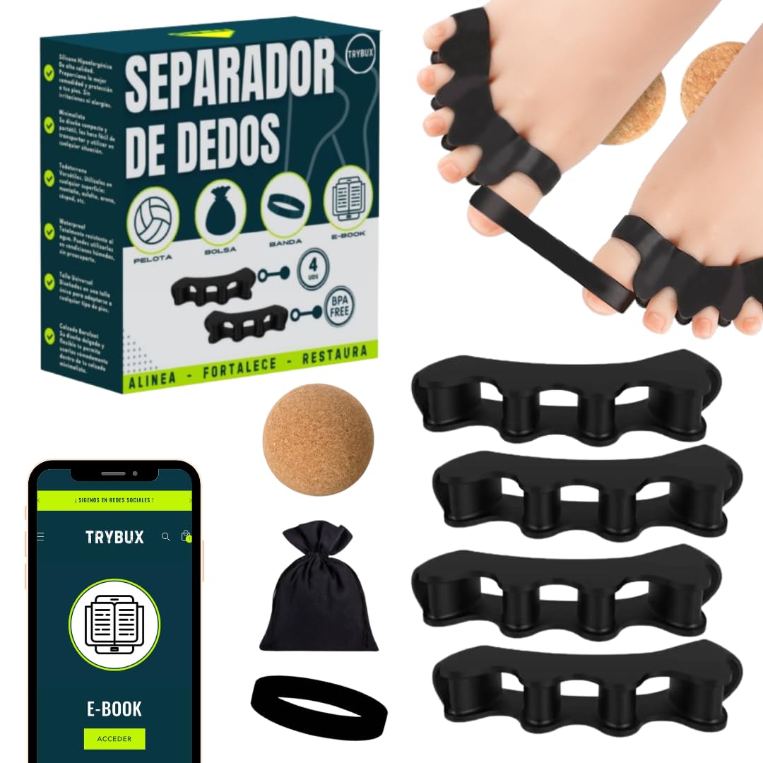 TRYBUX (2 pares) Kit Separador Dedos Pie Silicona - Separador Dedos Pie + Banda corrector de juanetes + Pelota de Ejercicio + Ebook Incluido + Bolsa Organizadora - Separadores de Dedos (Negro)