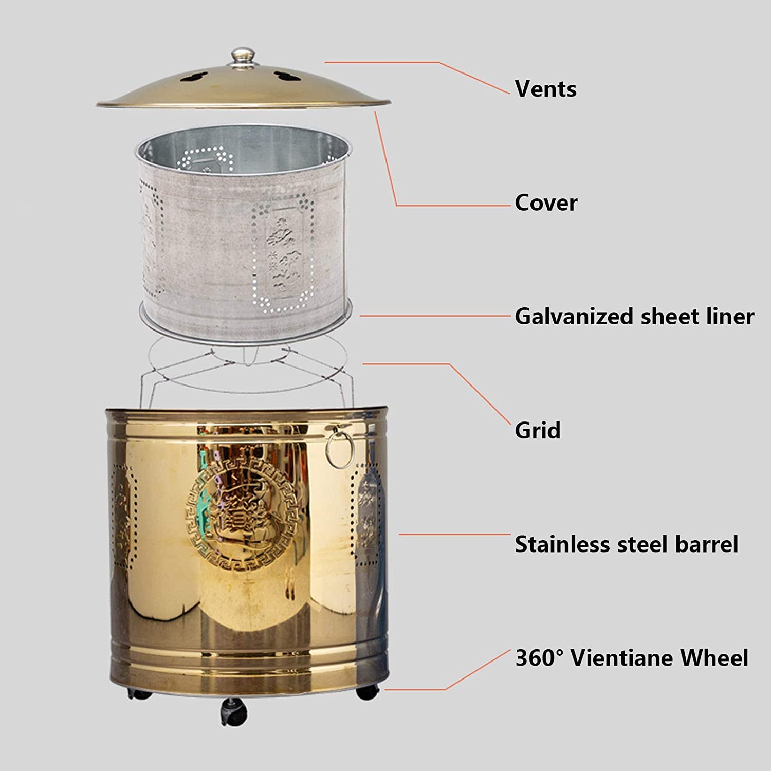 Incinerador de basura de metal para reciclaje de jardín, incinerador de acero inoxidable, incinerador de jardín, jaula de fuego de acero, rueda universal de 360 grados, incinerador portátil,