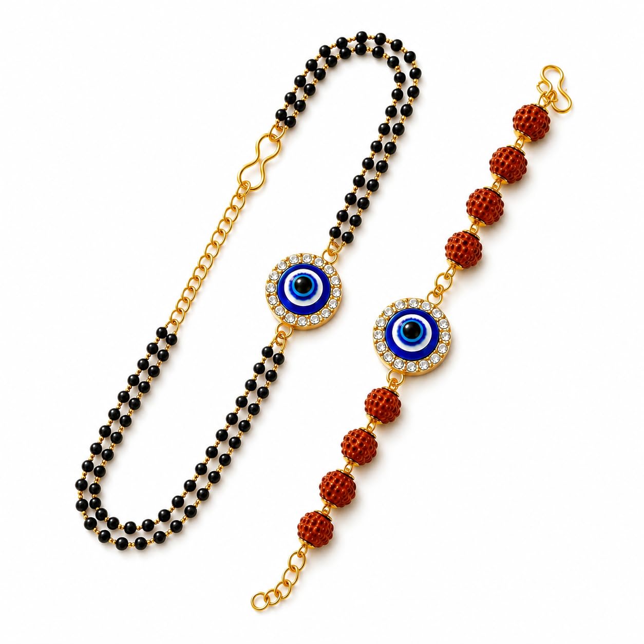 Rakhi Set for Brother & Sister-in-Law | Evil Eye Rudraksha & Black Beads Lumba Pair | Premium Designer Raksha Bandhan Combo | Handmade Festival Gift-image-5