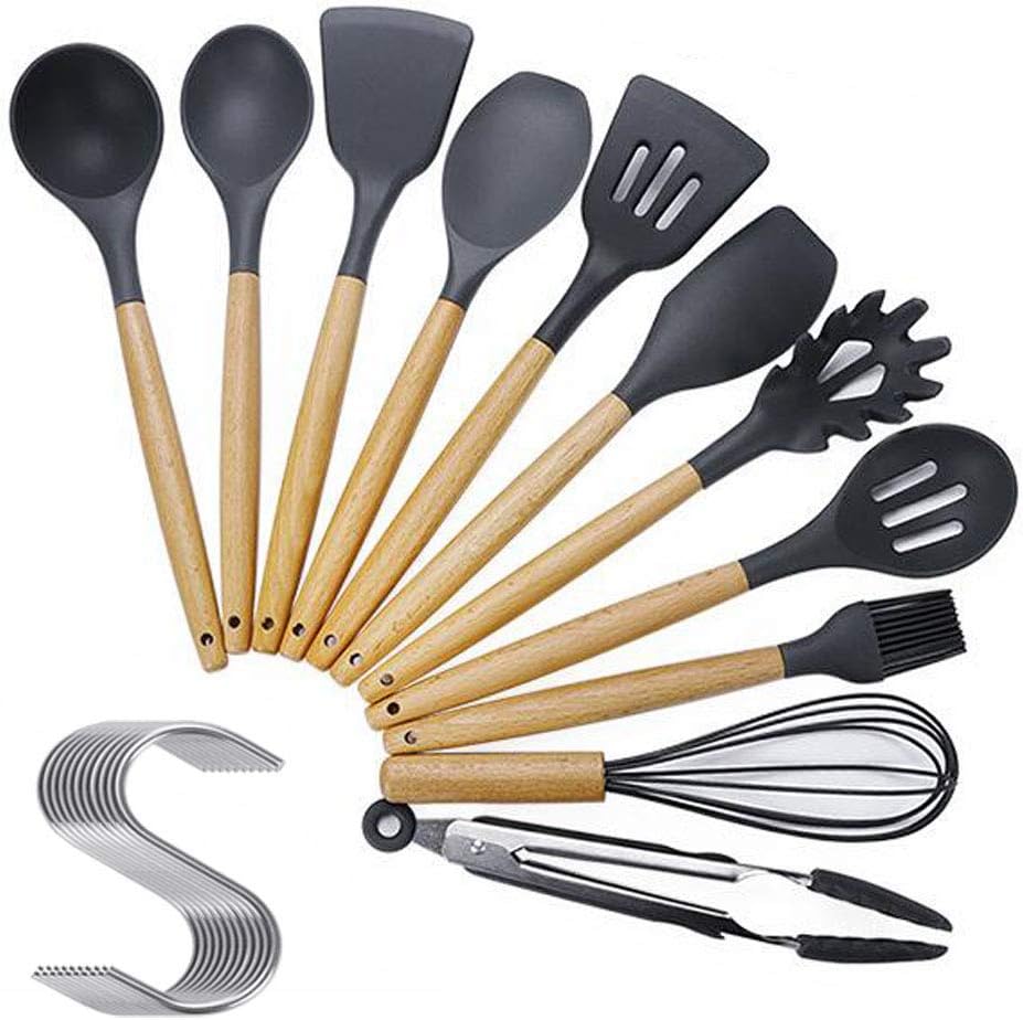 Silicone Kitchen Utensils, 11 Pack Silicone Kitchen Utensils Set Cooking Spatula Turner Heat Resistant Tool, Non-Stick Non-Scratch Cookware with Wooden Handle with 10 S Hooks