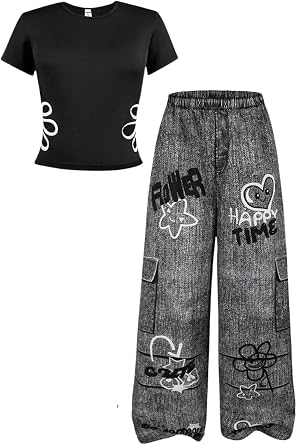 Sizes 7-14Y Tween Girl Summer Clothes Floral Print Short Sleeve T-Shirt + Wide Leg Pants 2 Piece OutfitsNot Jeans
