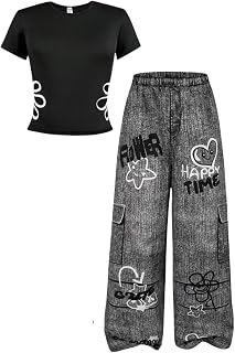 Sizes 7-14Y Tween Girl Summer Clothes Floral Print Short Sleeve T-Shirt + Wide Leg Pants 2 Piece Outfits(Not Jeans)
