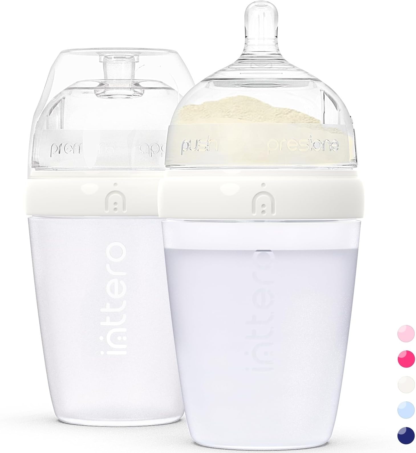 INTTERO Baby Bottles with Built-in Formula Dispenser, Anti-Colic Wide Neck Design for Newborn Feeding and Everyday Baby Essentials, 9 Oz Medium Flow (2 Pack), Stylish White