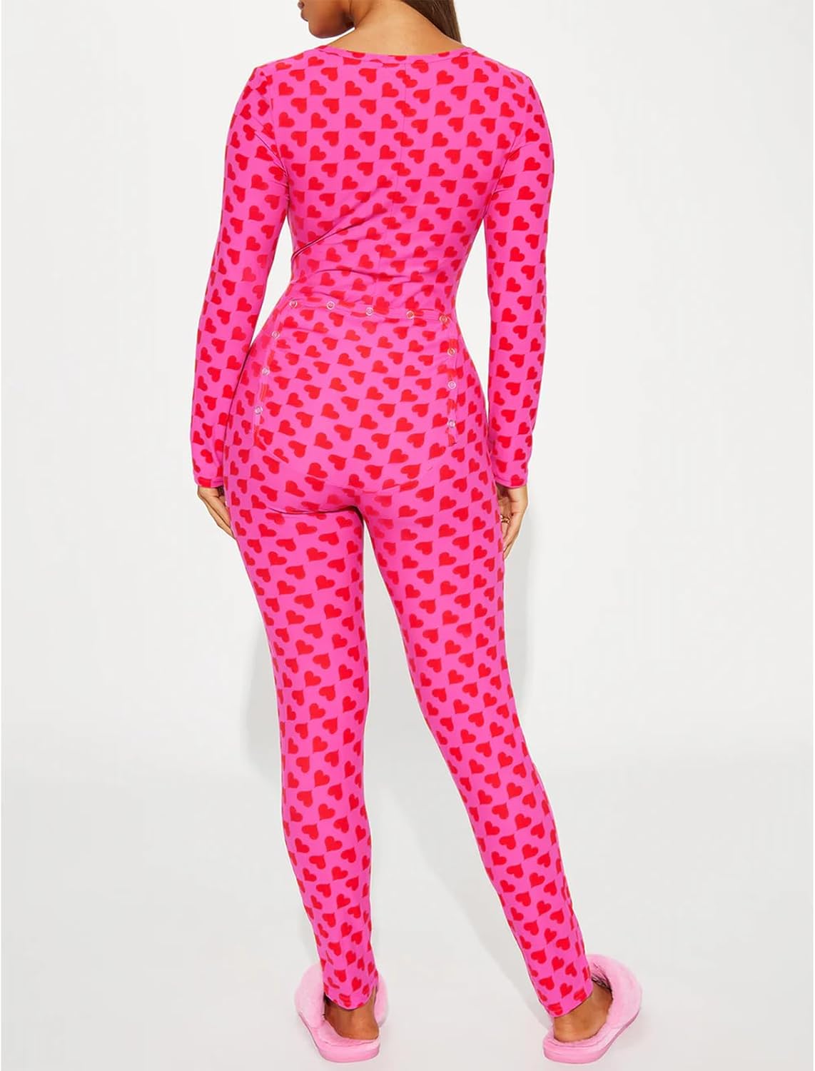 HOXIJIA Women Heart Printed Rompers Long Sleeve V Neck Button Down Long Jumpsuits Bodycon Pajamas Bodysuits for Valentine - Image 2