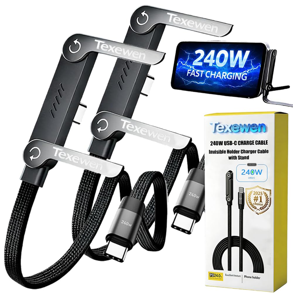Kabel USB C do ładowania 240 W, niewidoczny kabel do ładowania 2 w 1 z uchwytem, ładowarka do telefonu bocznego, super pleciony kabel do szybkiego ładowania z wbudowanym uchwytem na telefon, do