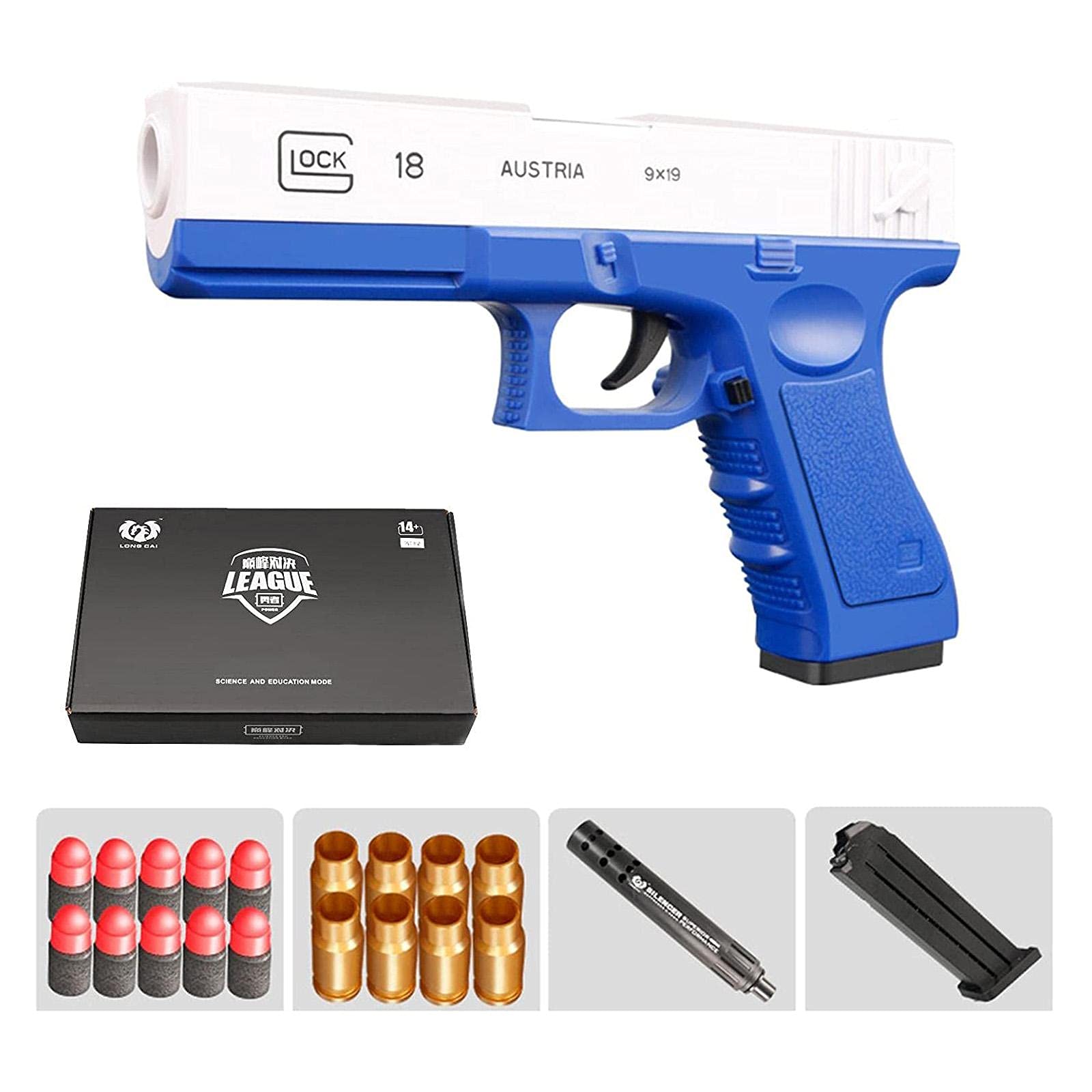 Glock & M1911 Shell Ejection Soft Bullet Toy Gun, Ejecting Magazine and Pull Back Action, 1: 1 Size Shell ejecting Soft Bullet Toy Gun,Colorful Toy Gun with Ejecting Magazine and Silencer Blue NAUXIU