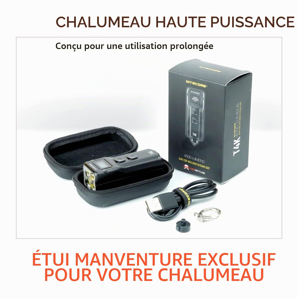Nitecore T4K 4000 Lumen Turbo Lampe de Poche Rechargeable par USB C avec Ecran OLED, Edition Manventure