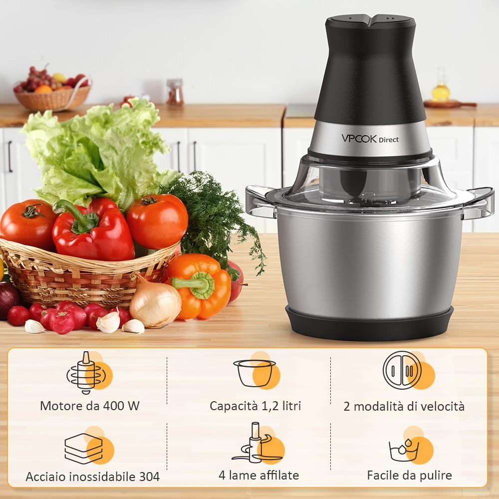 Frullatore Tritatutto Impastatrici Mixer da Cucina Elettrico Multifunzione con 4 Lame in Acciaio Inossidabile 1,2 L 400w